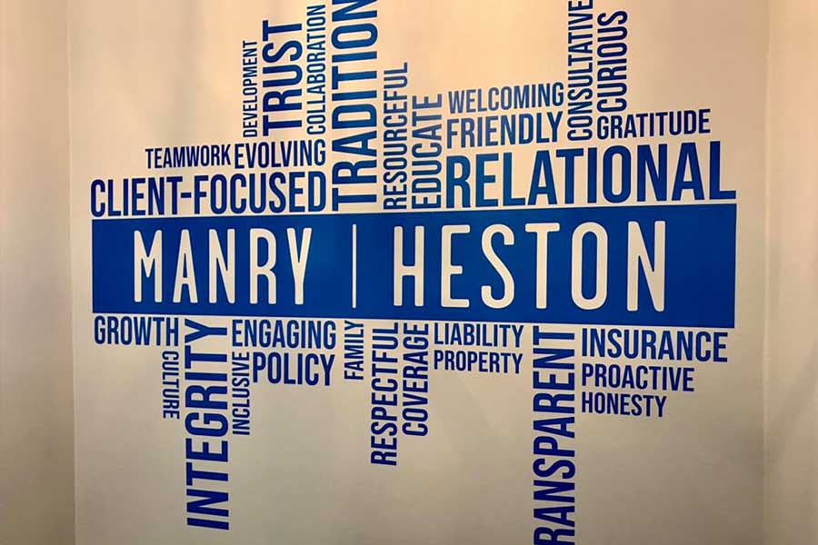 Meet Our Team - Manry Heston Wall Art with Inspirational and Encouraging Words Collaged Around the Agency Name